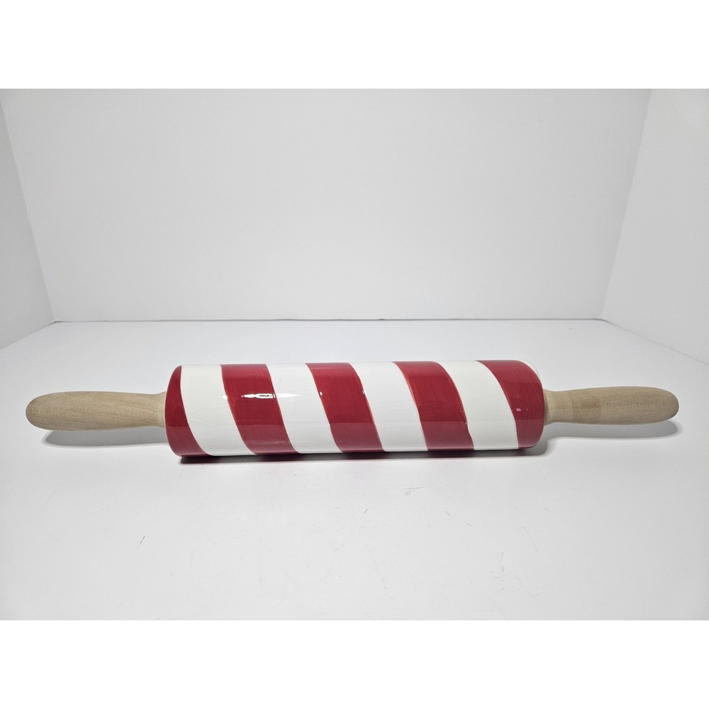 Candy Cane Striped Ceramic Rolling Pin Wood Handles Christmas Decor NWOT 16"